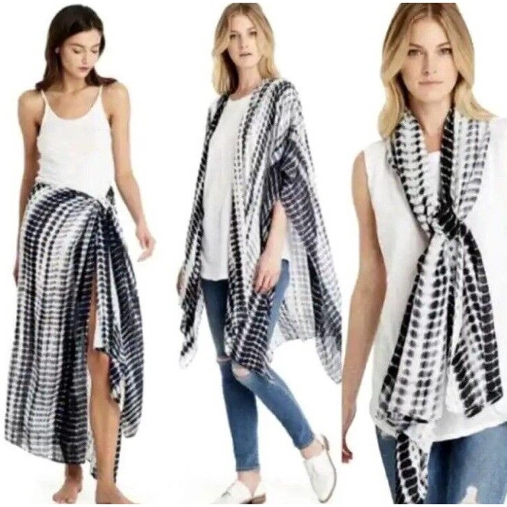 Michael Stars Women's White Black Gauzy Tie Dye Versatile Ruana Swim Cover Wrap